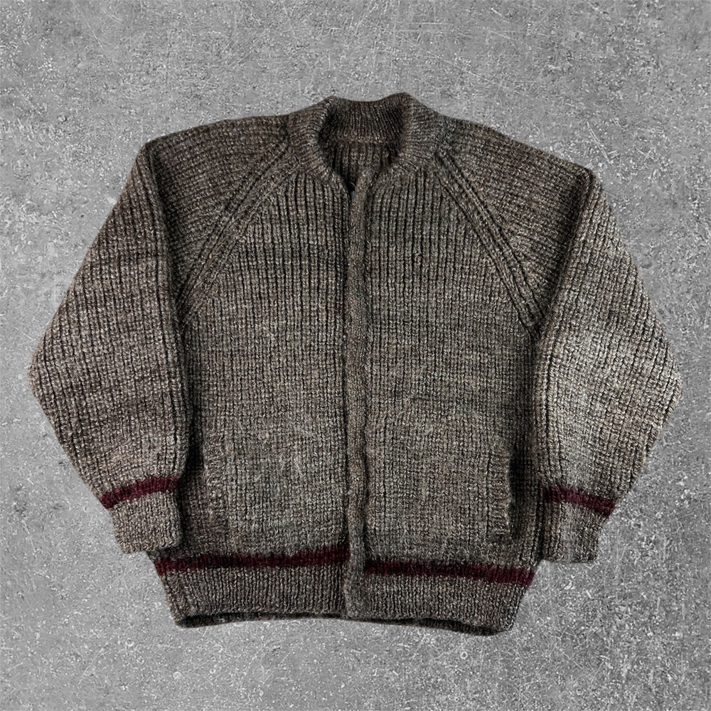 Vintage Chunky Wool Zip Up Cowichan Cardigan Sweater Brown Red Stripe Sz Medium